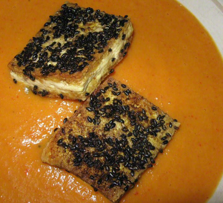 Curried Carrot Soup with Sesame Crusted Tofu in a Heathware bowl - Alice DeLuca 2012 digimarc