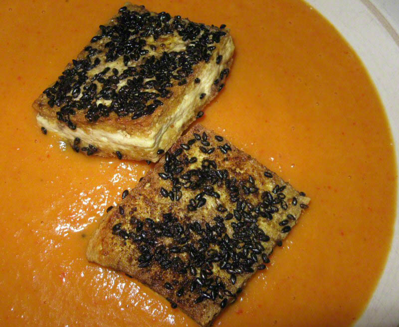 Curried Carrot Soup with Sesame Crusted Tofu in a Heathware bowl - Alice DeLuca 2012 digimarc