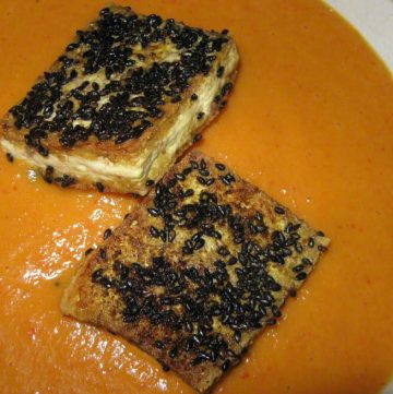 Curried Carrot Soup with Sesame Crusted Tofu in a Heathware bowl - Alice DeLuca 2012 digimarc